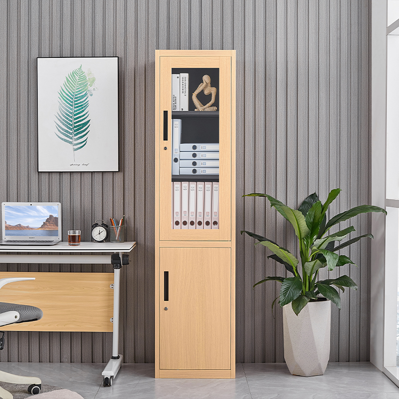 Wood grain double-door narrow filing cabinet