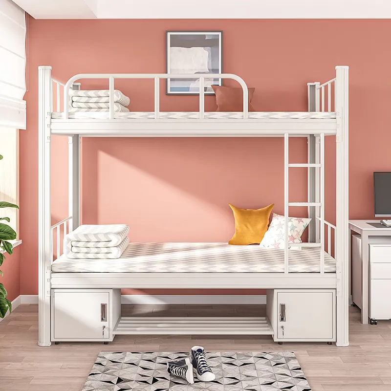 Military school 2 layers steel double decker metal bed iron bunk beds with bottom storage cabinet